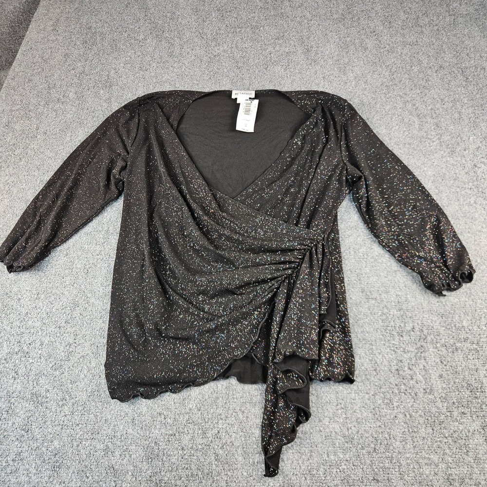 NWT Metaphor Black Glitter Knot Top Womens XL Surplice V-Neck Sparkle Blouse